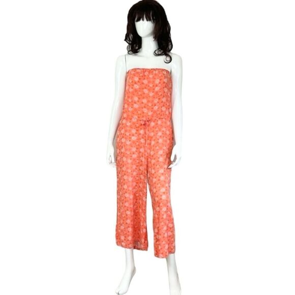 Aakaa Womens Orange Floral Print Square Strapless Cropped Boho Jumpsuit S - Picture 1 of 11